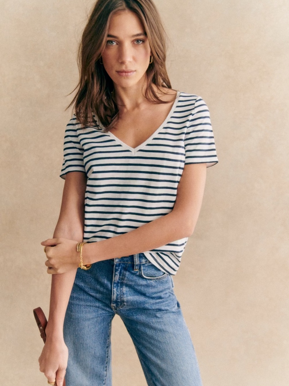 Sézane Malcolm T-Shirt in Ecru Navy Stripe Size XS Organic Cotton Like New